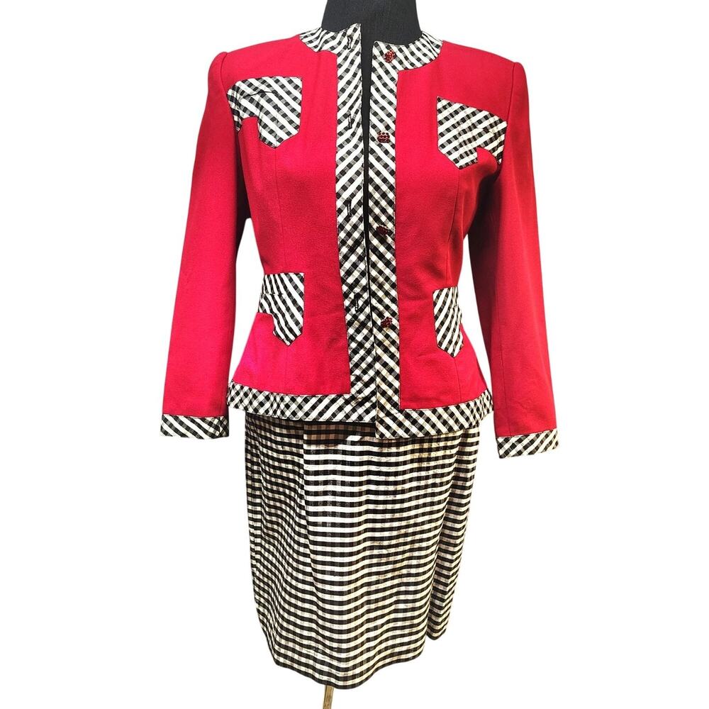 Vintage 80s Portrait Silk Skirt Suit Red Collarless Blazer Gingham Check Dress4